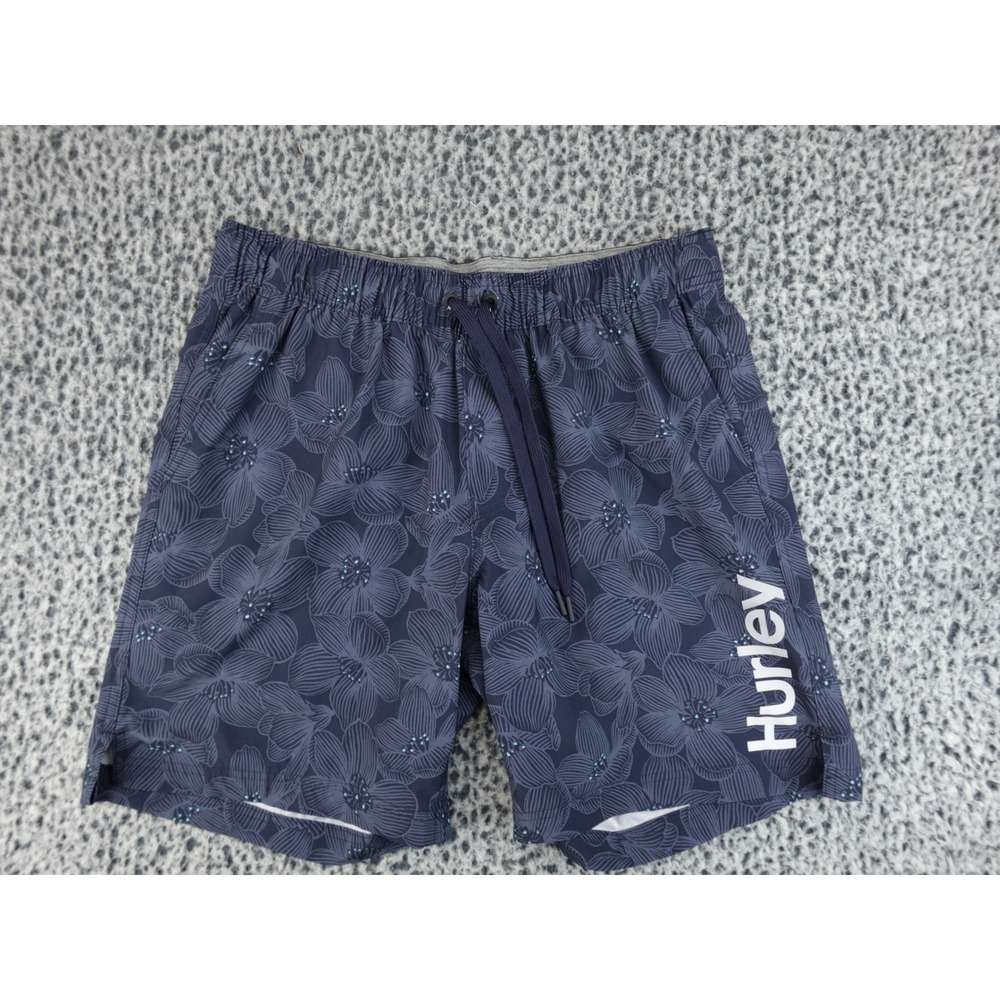 Hurley Mens Board Shorts Large Navy Blue Floral Hibiscus Swim Trunks Elastic 7in
